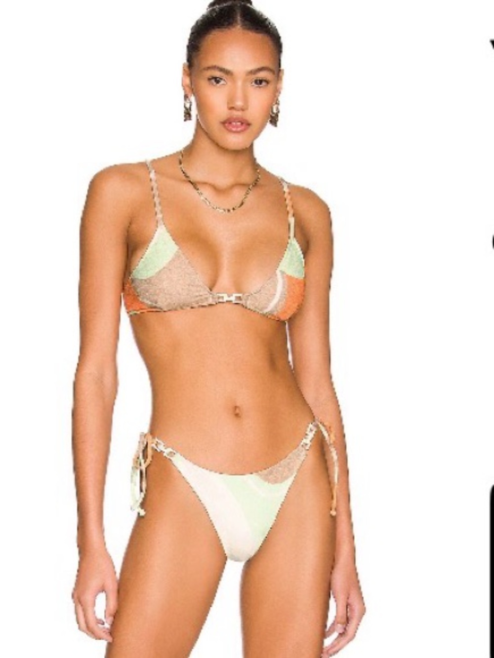 Revel Ray Tie-Side Ribbed Bikini Set in Orange & Cream